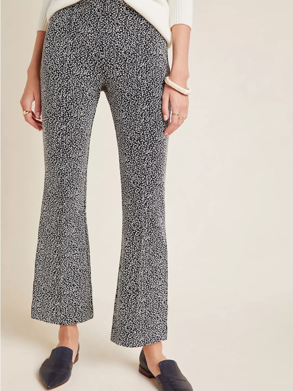 Anthropologie Essential Leopard Cropped Flare Trousers Black White Size M